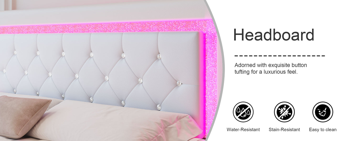 Full Size Bed Frame Beige Upholstered Headboard with LED Lights