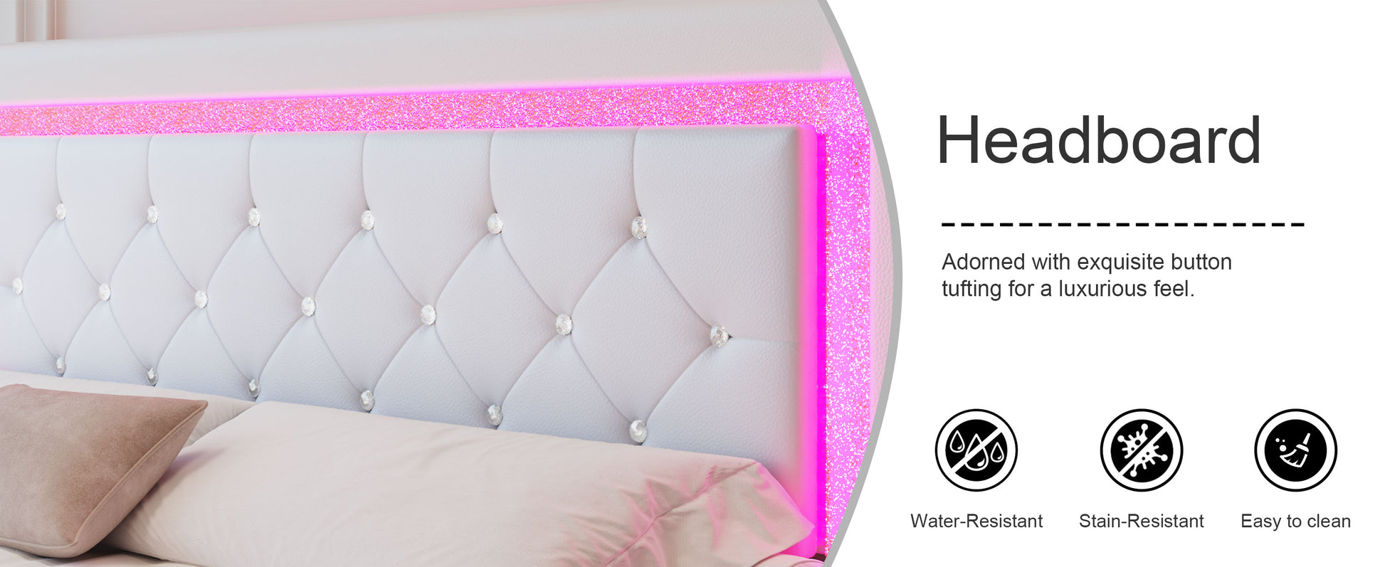 Full Size Bed Frame Beige Upholstered Headboard with LED Lights