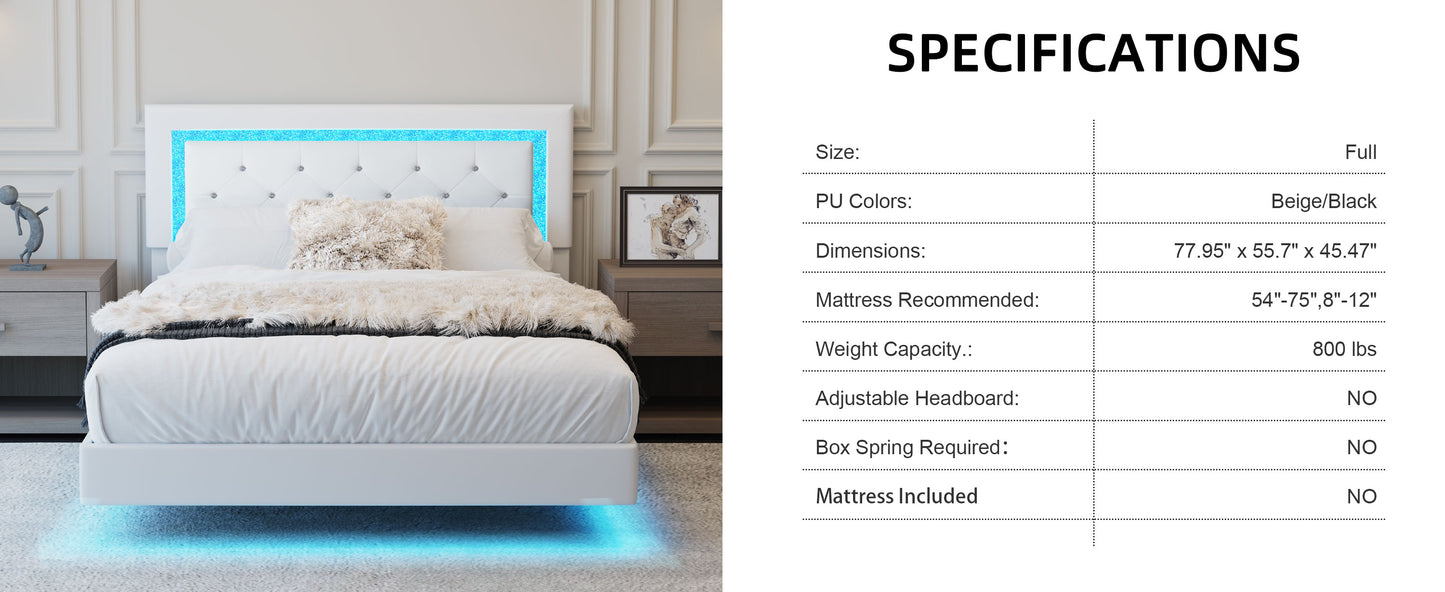 Full Size Bed Frame Beige Upholstered Headboard with LED Lights