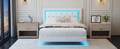 Full Size Bed Frame Beige Upholstered Headboard with LED Lights