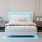 Full Size Bed Frame with Headboard, Floating Bed Frame with LED Lights, Upholstered Platform Bed with Diamond Tufted Headboard, No Box Spring Required, Beige