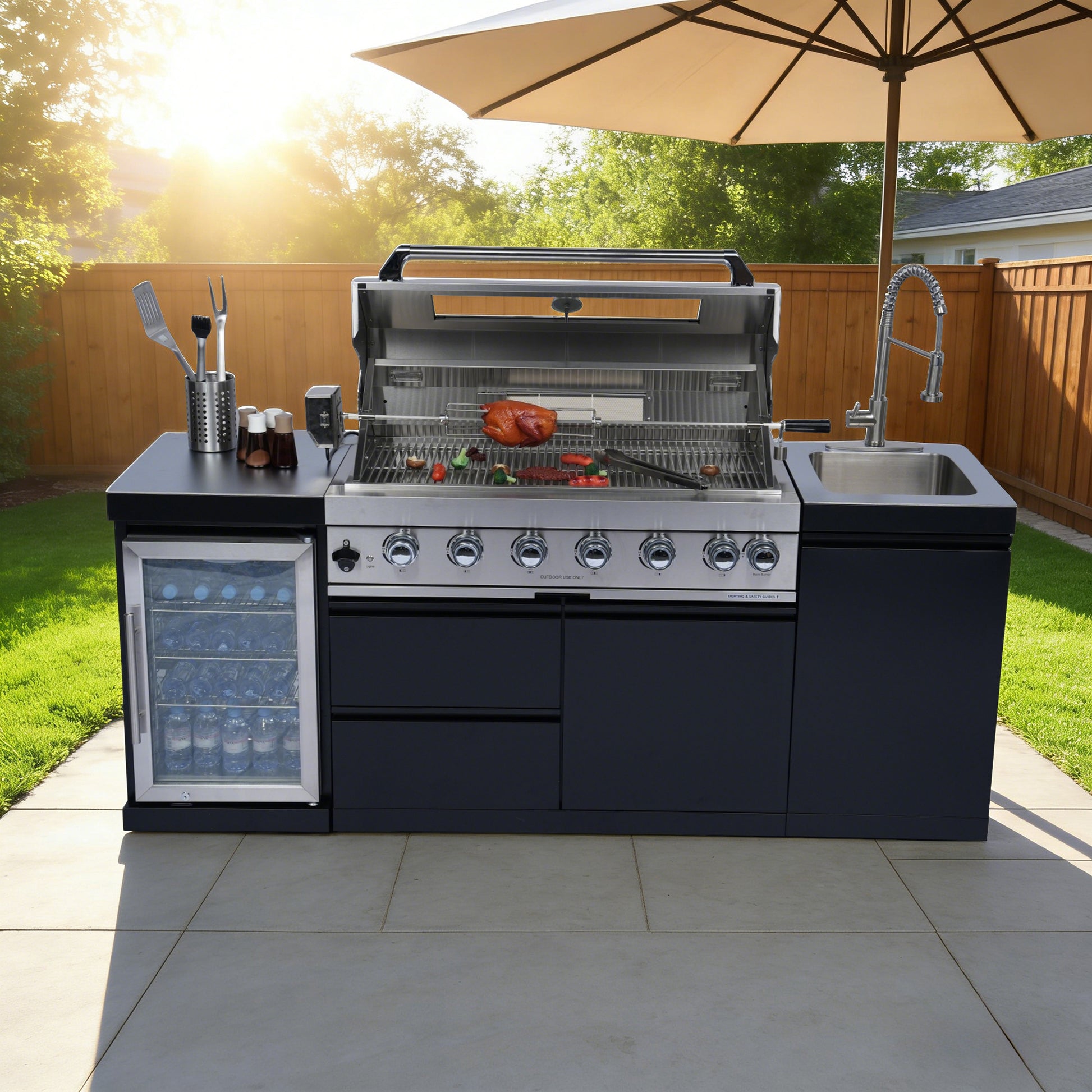 82-Inch 6-Burner 85000 BTU Deluxe Stainless Steel Gas Outdoor Kitchen Bar Barbecue Island Grill  + Wine Cooler Compact Refrigerator + Rotisserie + Stainless Steel Countert + Storage Cabinets & Drawers