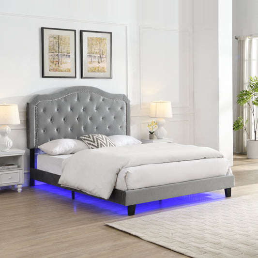 Upholstered Bed Button Tufted with Curve Design - Strong Wood Slat Support - Easy Assembly - Light Grey Velvet - With LED light-platform bed - Queen