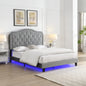 Upholstered Bed Button Tufted with Curve Design - Strong Wood Slat Support - Easy Assembly - Light Grey Velvet - With LED light-platform bed - Queen
