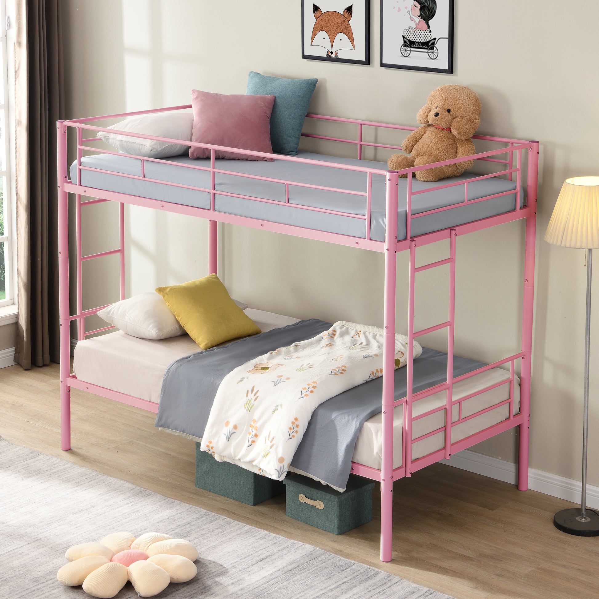 Twin Over Twin Bunk Bed - Pink Metal Frame for Bedroom