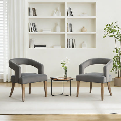 25.79" Wide Modern Barrel Open Back Upholstered Velvet Accent Chair Set Of 2 with Weathered Solid Wood Legs Club Dining Chairs for Dining Room, Club, Kitchen and Living Room. Gray