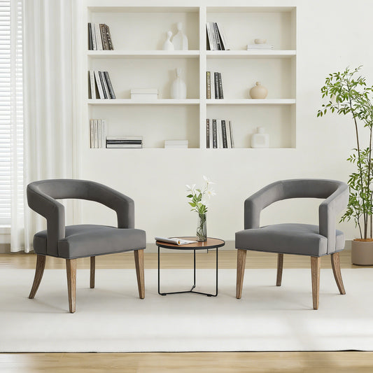 25.79" Wide Modern Barrel Open Back Upholstered Velvet Accent Chair Set Of 2 with Weathered Solid Wood Legs Club Dining Chairs for Dining Room, Club, Kitchen and Living Room. Gray