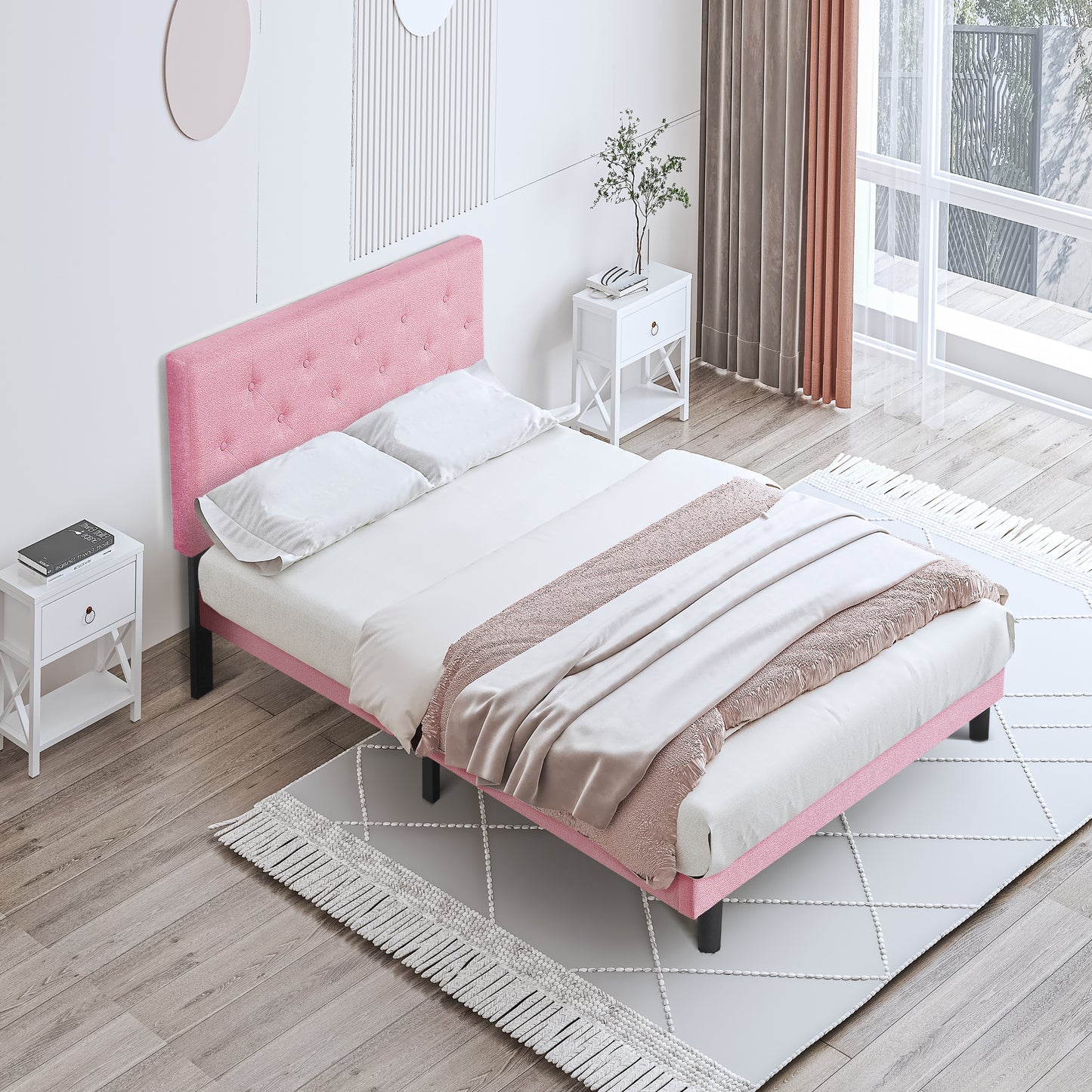 Full Size Pink Linen Upholstered Bed Frame - No Box Spring