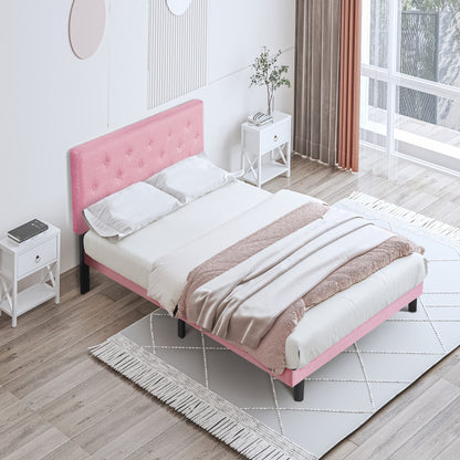 Full Size Pink Linen Upholstered Bed Frame - No Box Spring