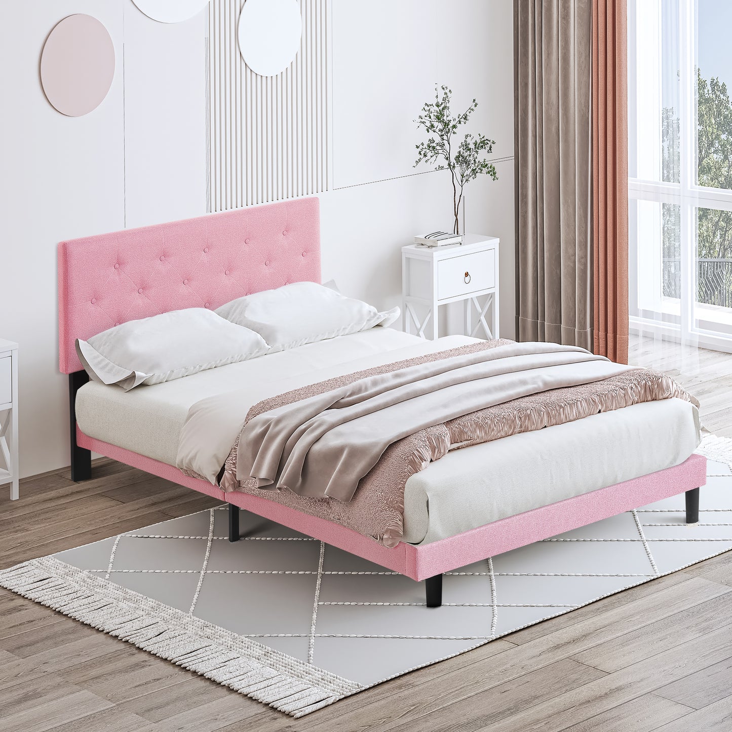 Full Size Pink Linen Upholstered Bed Frame - No Box Spring