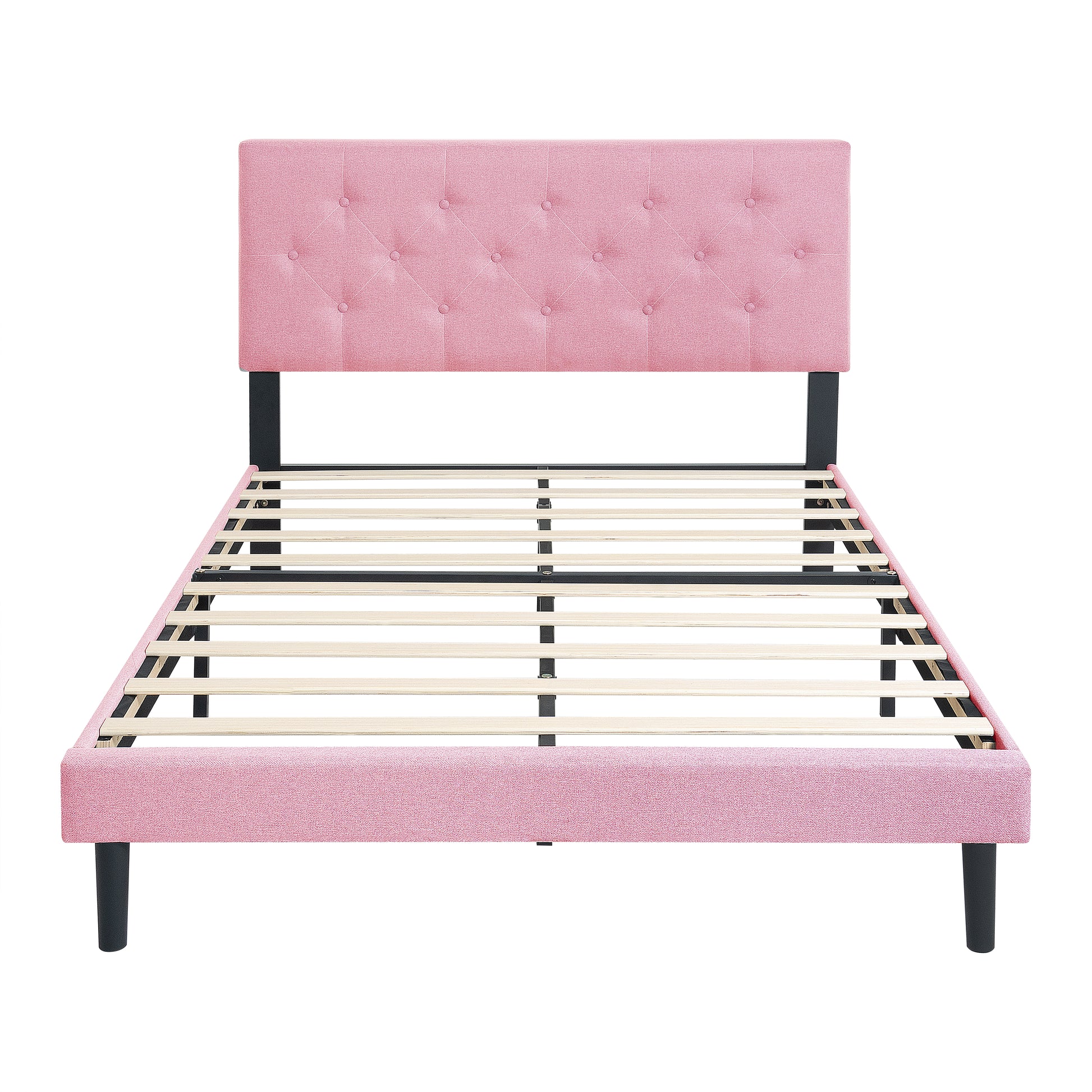 Full Size Pink Linen Upholstered Bed Frame - No Box Spring