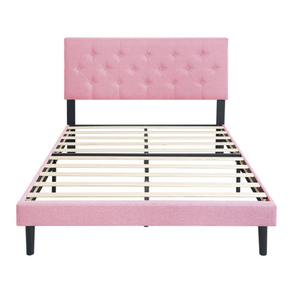Full Size Pink Linen Upholstered Bed Frame - No Box Spring