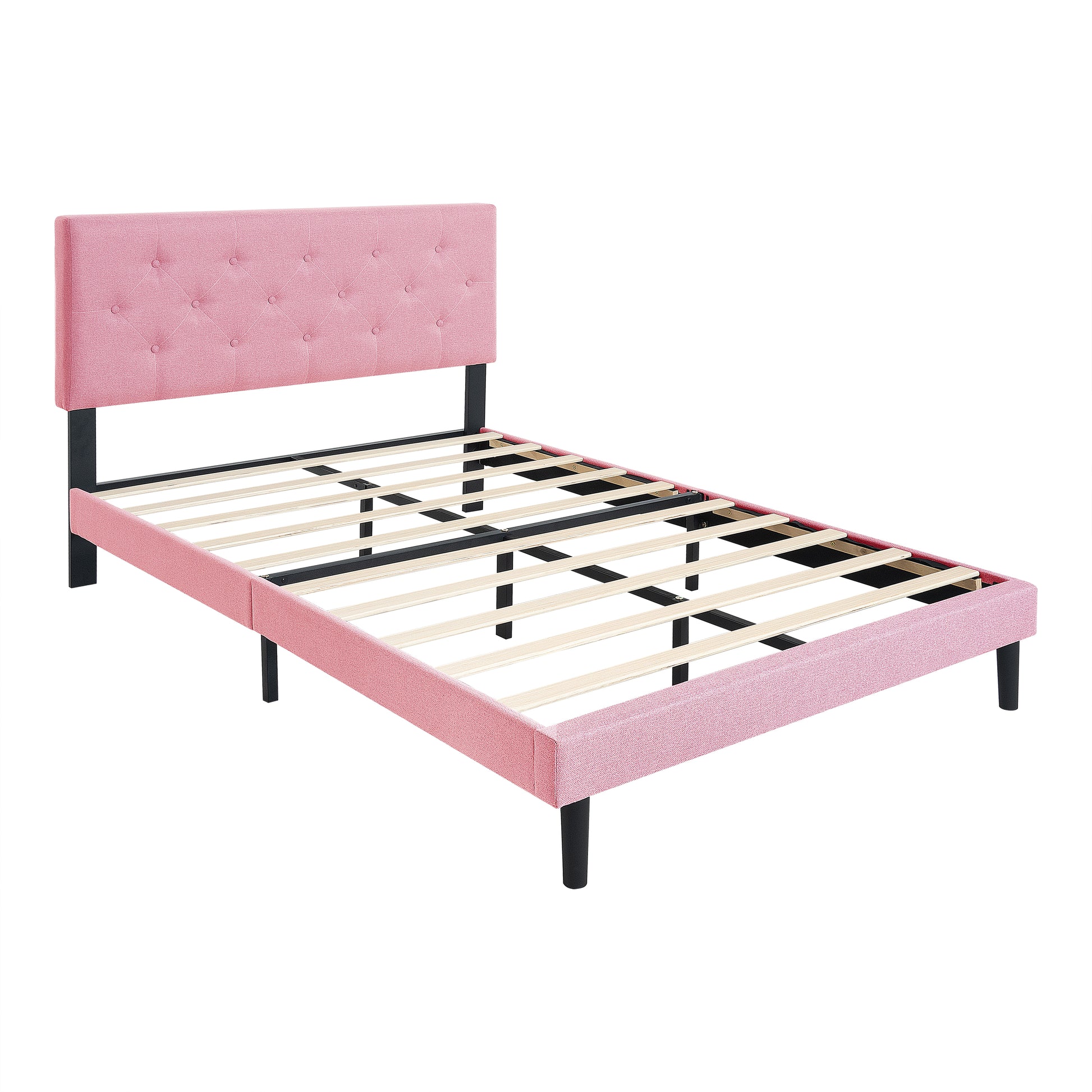 Full Size Pink Linen Upholstered Bed Frame - No Box Spring