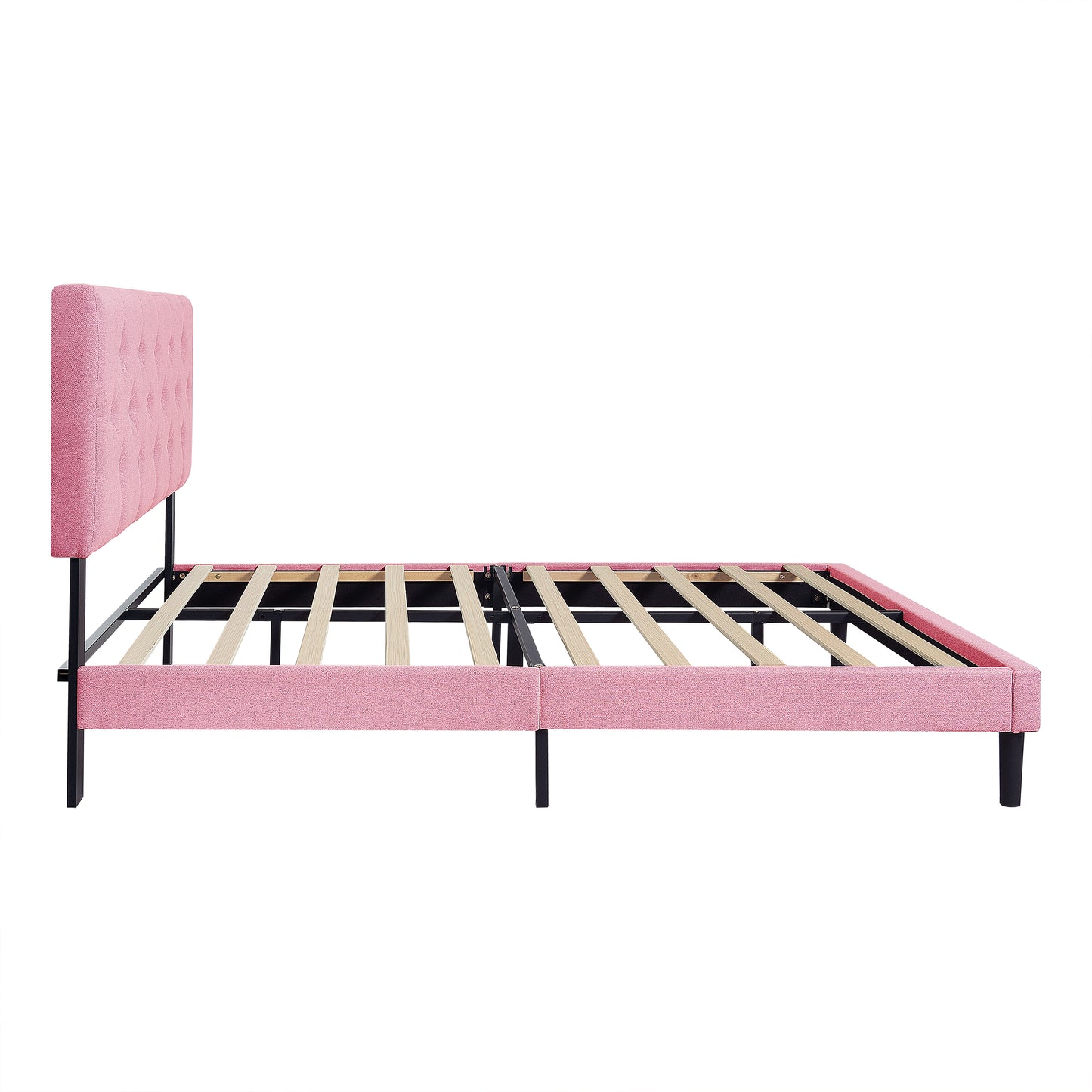 Full Size Pink Linen Upholstered Bed Frame - No Box Spring