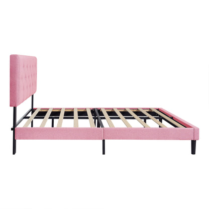 Full Size Pink Linen Upholstered Bed Frame - No Box Spring