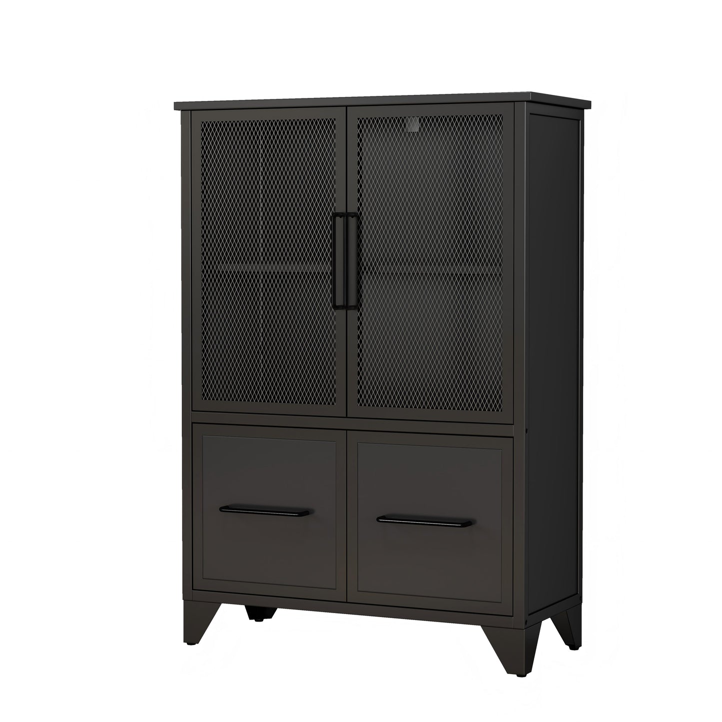 Black Storage Cabinet - 4 Iron Doors, Adjustable Shelves