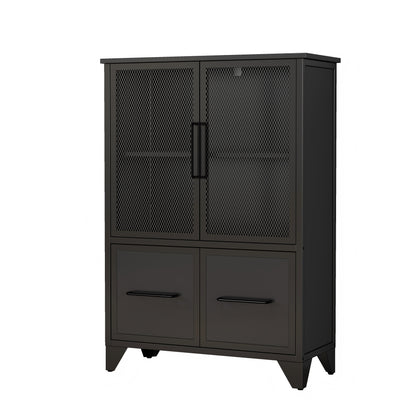 Black Storage Cabinet - 4 Iron Doors, Adjustable Shelves