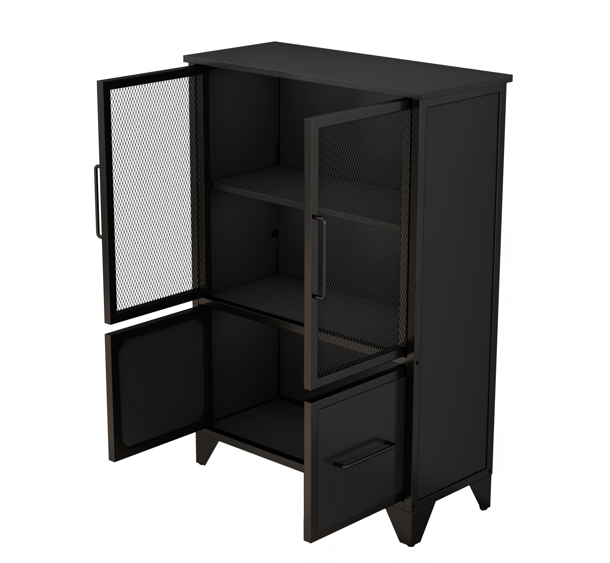 Black Storage Cabinet - 4 Iron Doors, Adjustable Shelves