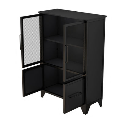 Black Storage Cabinet - 4 Iron Doors, Adjustable Shelves