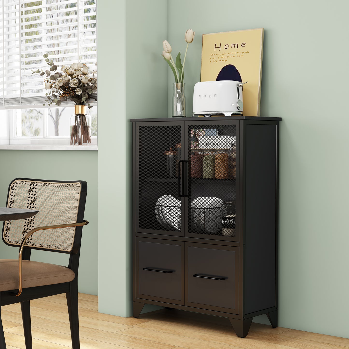 Storage Cabinet With 4 Iron Doors,Black Metal Handle,Sideboard With Adjustable Shelf,Black Sturdy Metal Frame and Metal Legs,Easy Assemble,For Living Room,Kitchen,Black