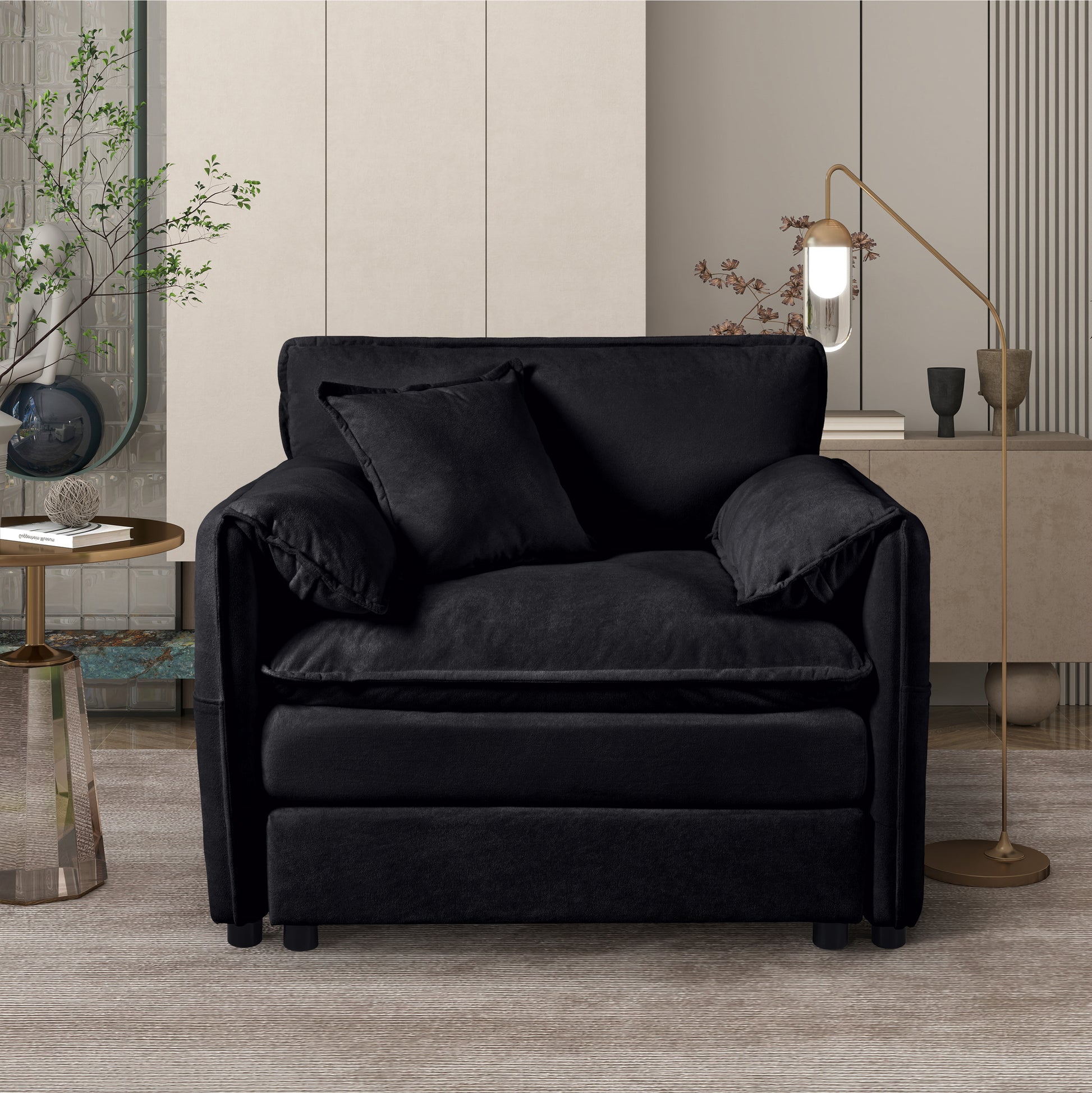 (Old:W3163P269209) Oversized 41.73" Chenille Armchair with 1 Toss Pillow, Modern Modular Reading Chair for Living Room or Bedroom, Deep-Seat DIY Sectional Sofa,Chenille,Black