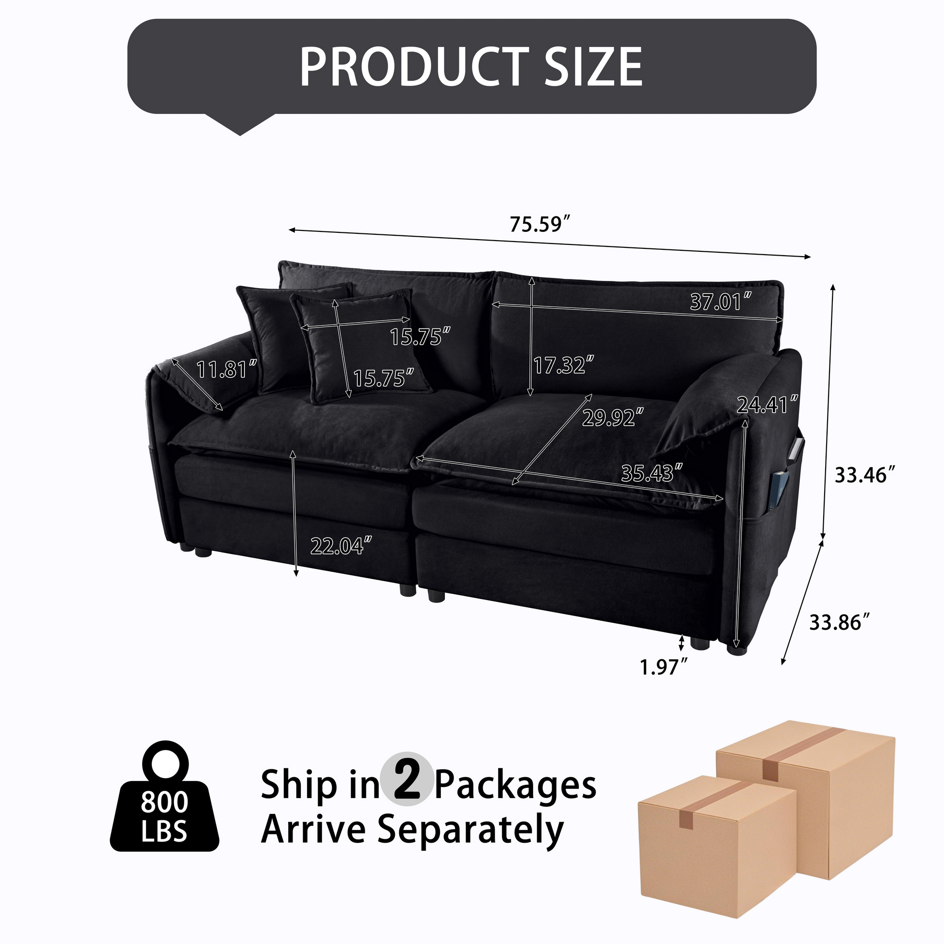 Black Chenille Sofa - 75" Modern Loveseat for Living Room