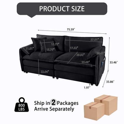 Black Chenille Sofa - 75" Modern Loveseat for Living Room