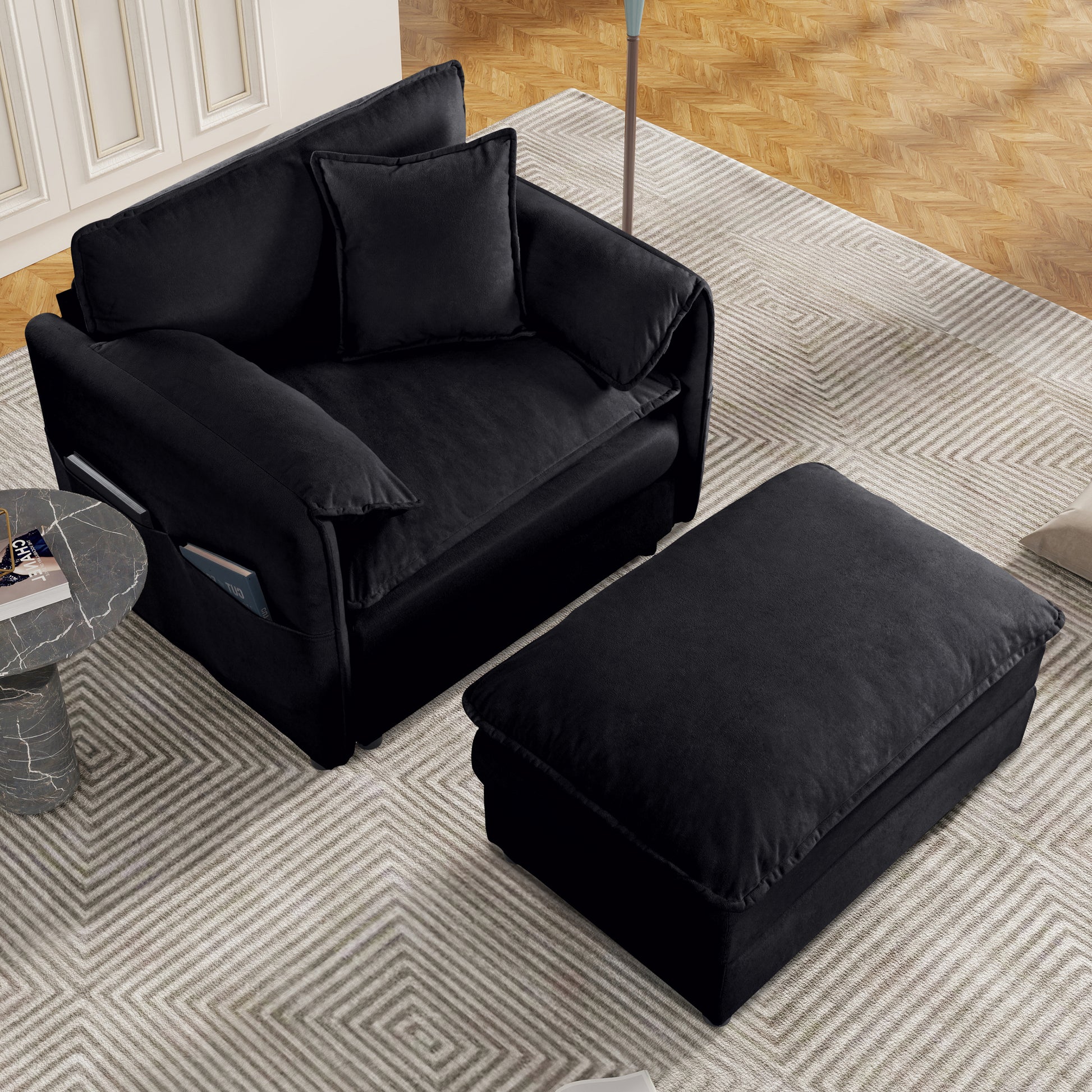 (Old:W3163S00003) Oversized 57.48" Recliner Chair with Movable Ottoman - Soft Chenille Upholstered Indoor Lounge Chair for Living Room or Bedroom,DIY Combination,Black