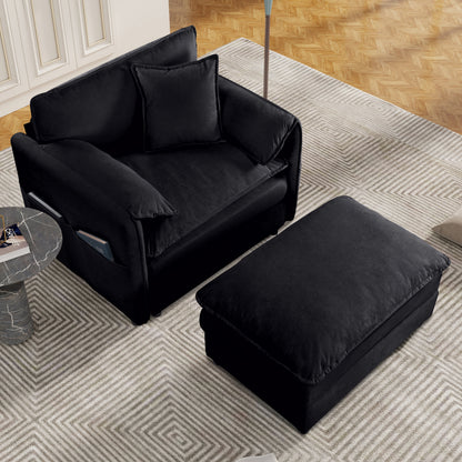 (Old:W3163S00003) Oversized 57.48" Recliner Chair with Movable Ottoman - Soft Chenille Upholstered Indoor Lounge Chair for Living Room or Bedroom,DIY Combination,Black