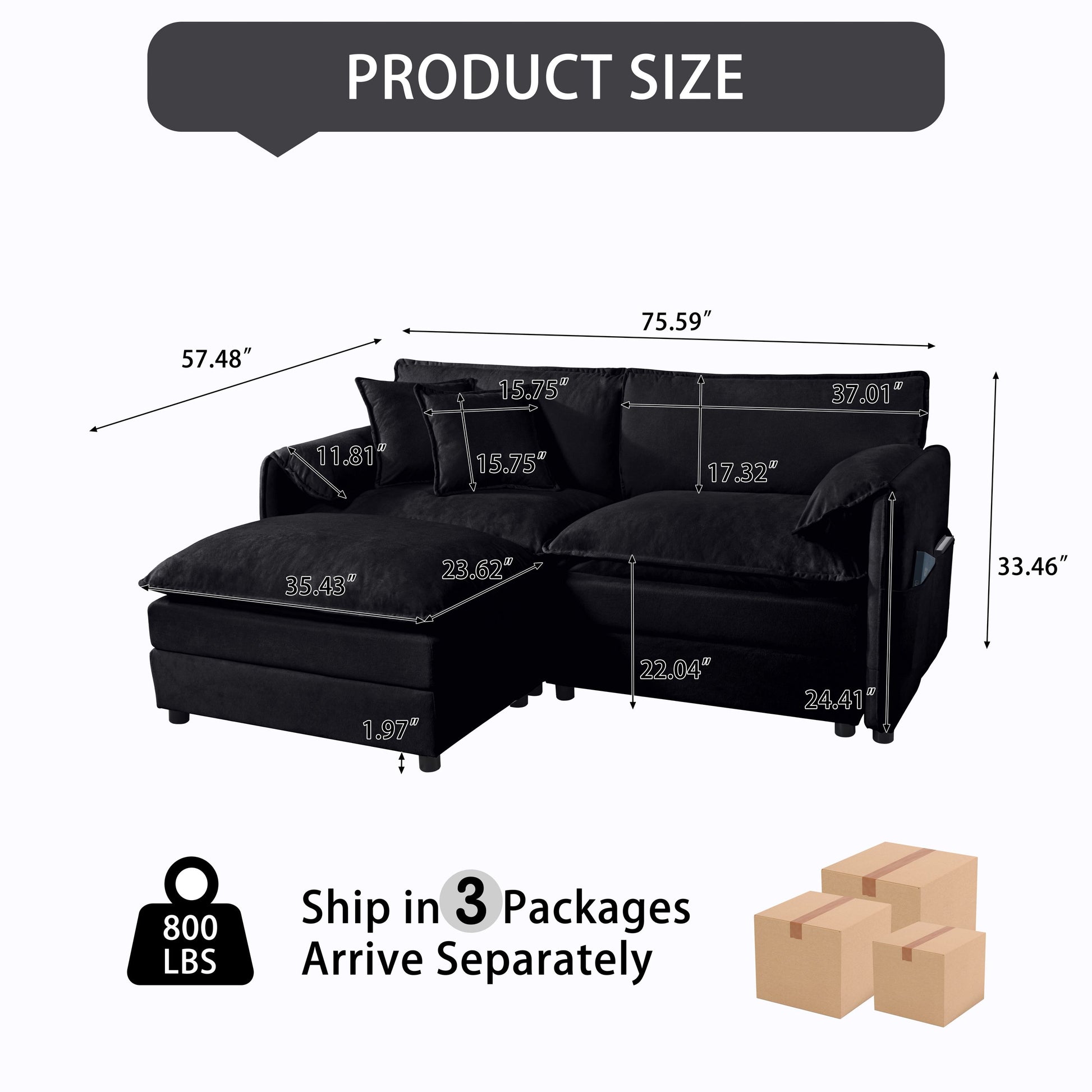 Black Chenille Sectional Sofa - Modern Comfort & Modular Design for Living Room