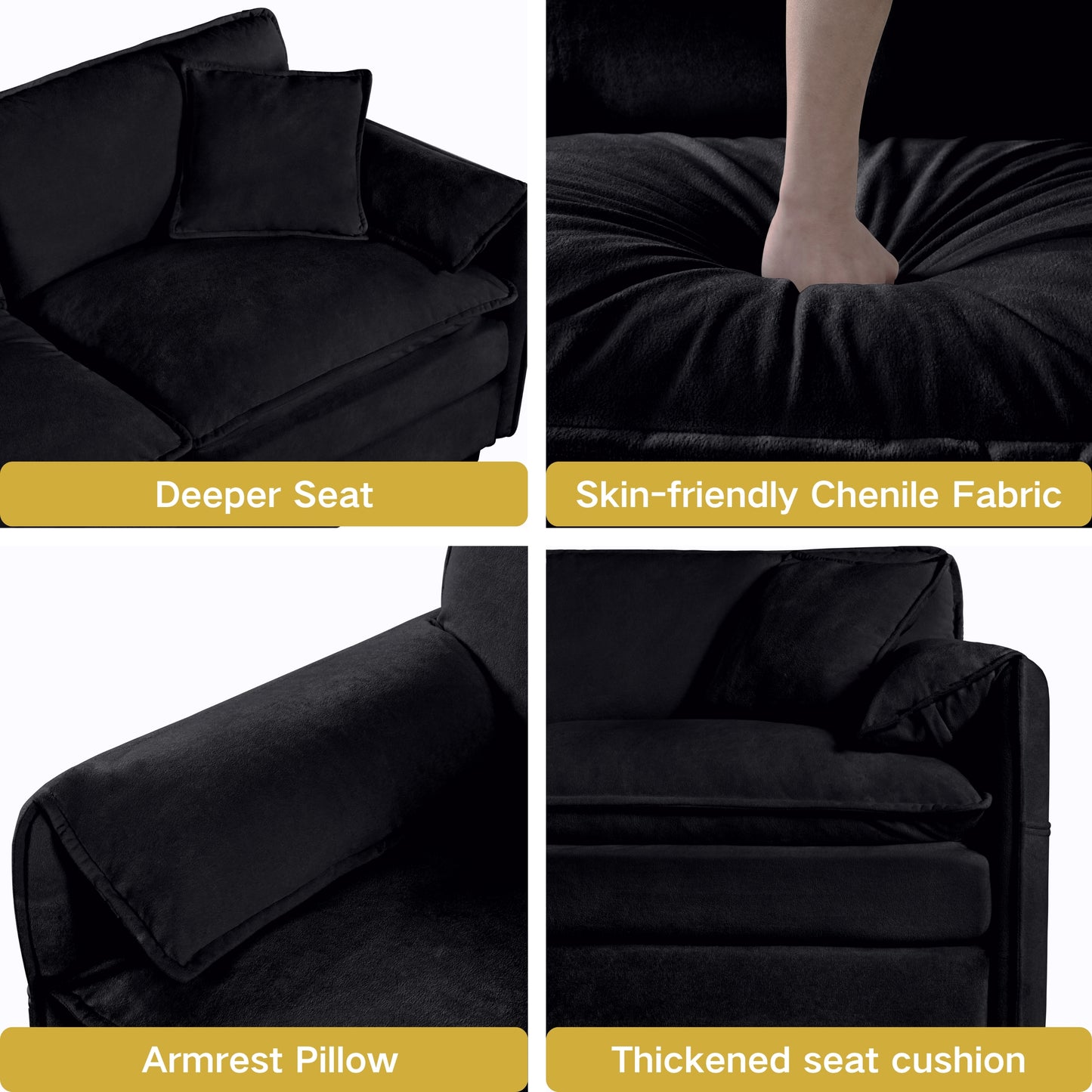 Black Chenille Sectional Sofa - Modern Comfort & Modular Design for Living Room