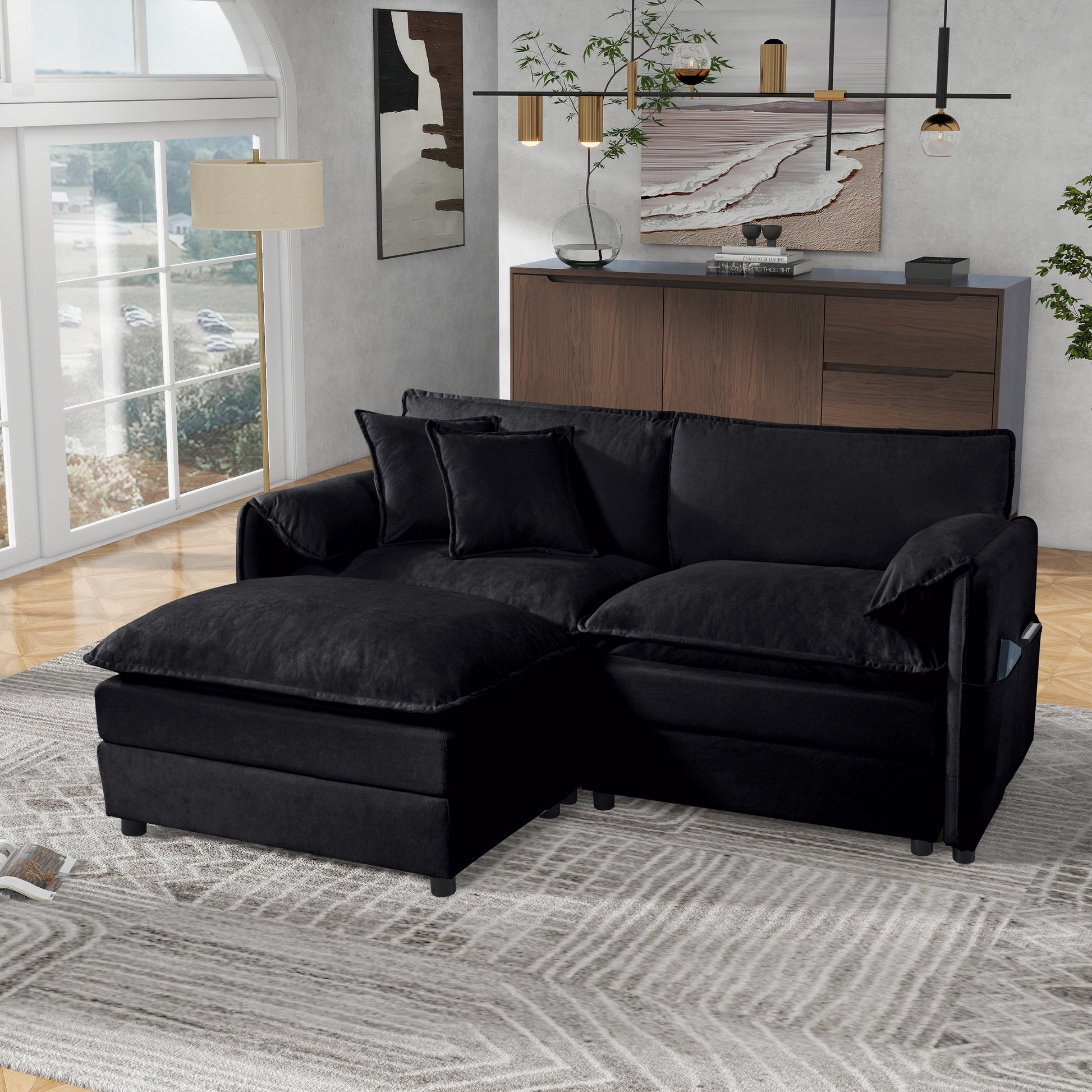(Old:W3163S00012) Deep Seat Sectional Sofa Cloud Couch with Ottoman,  Modern Chenille Comfy Love Seat Upholstered Modular L Shaped Couch for Living Room, Apartment, Office,DIY Combination,Black