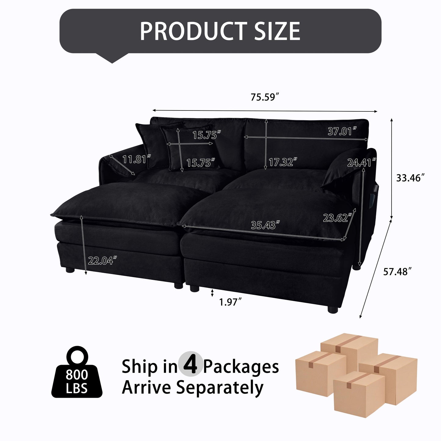 Black Chenille Sectional Sofa - Medium Firm Seat, Modern Design for Living Room