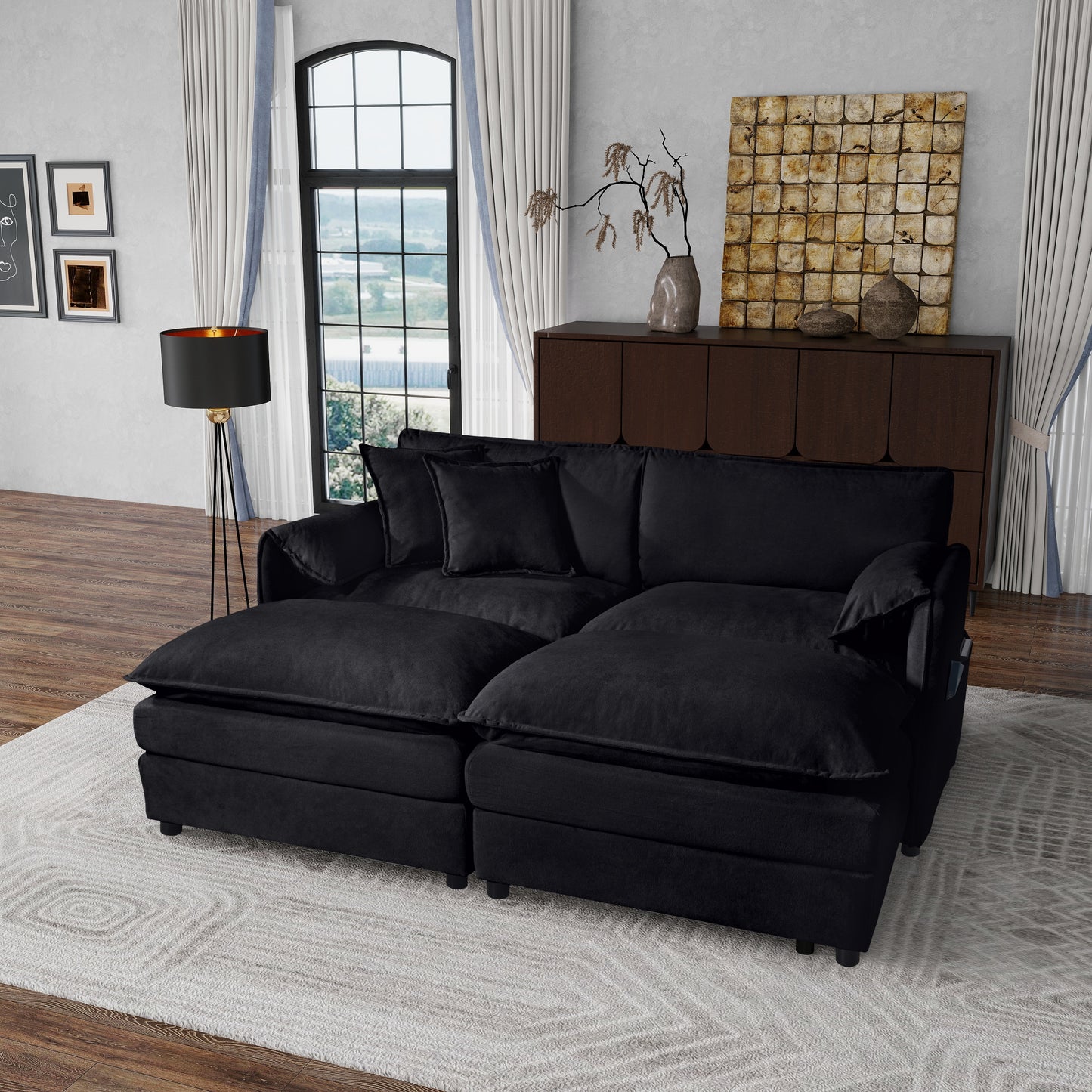 (Old:W3163S00015) Deep Seat Sectional Cloud Sofa with 2 Ottomans & Soft Pillows, Loveseat Modular Couch for Living Room, Apartment,DIY Combination,Black