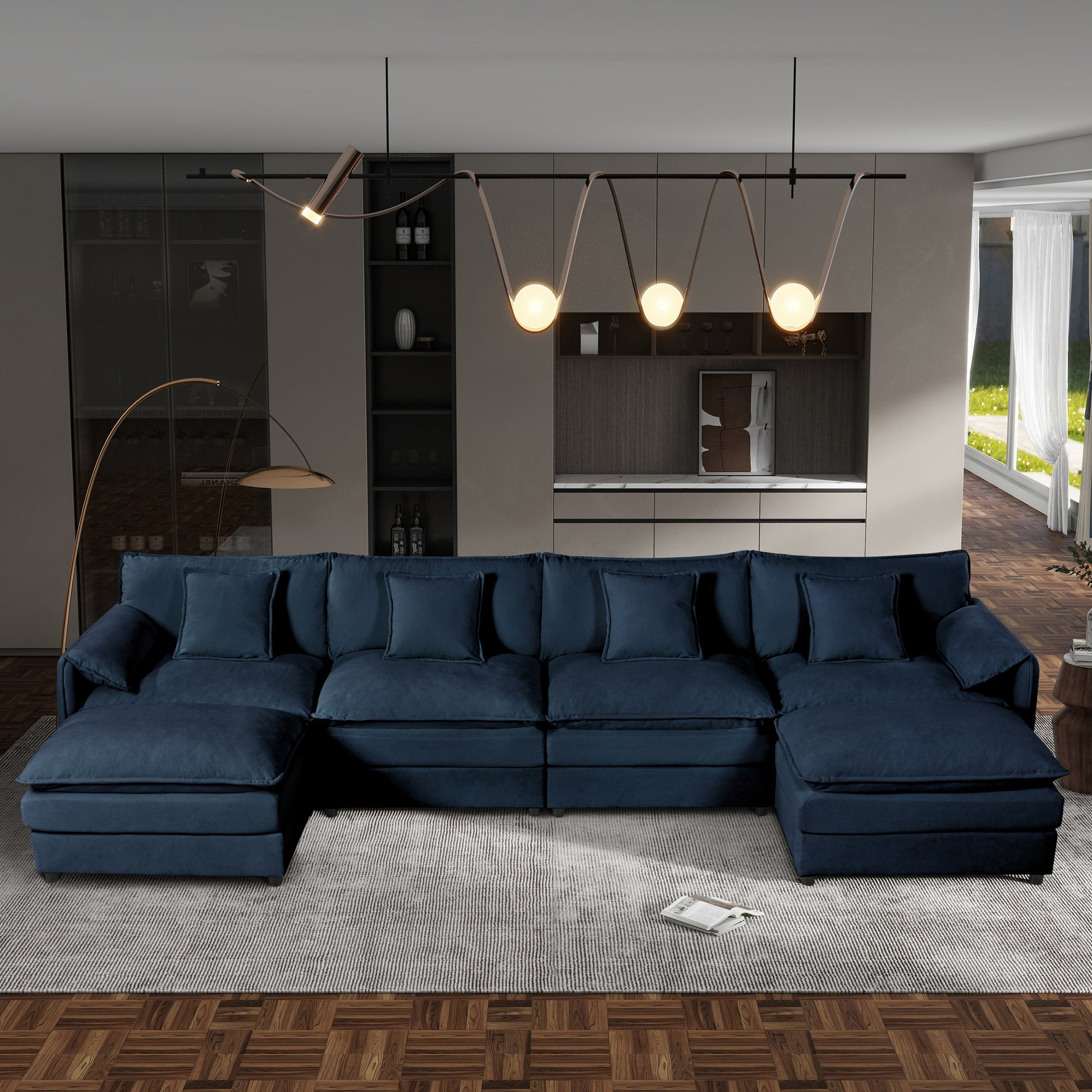 (Old:W3163S00029) Modular Sectional Sofa, Oversized Deep Seat U Shaped Couch Set for Living Room, 4-Seater Comfy Cloud Couches with 2 Movable Ottomans, DIY Combination, Chenille,Blue