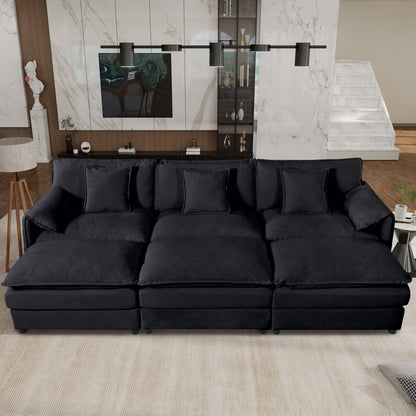 (Old:W3163S00027) Oversized Deep Seat Sectional Cloud Sofa Sleeper with 3 Ottomans & Soft Pillows, Modular Couch Bed for Living Room, Apartment, DIY Combination Chenille,Black