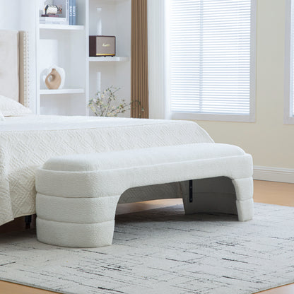 White Boucle Entryway Bench for Dining Room and Bedroom Storage