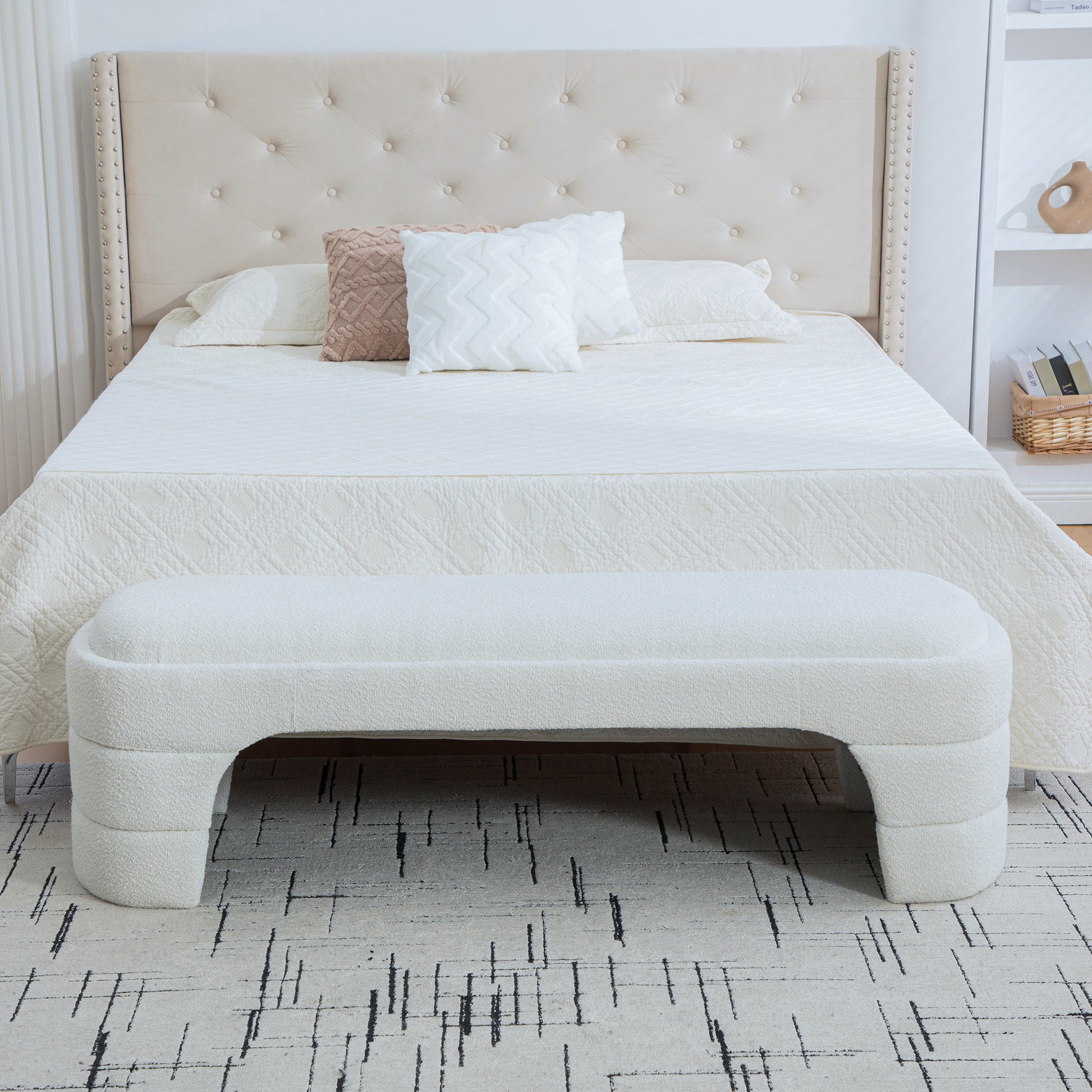White Boucle Entryway Bench for Dining Room and Bedroom Storage