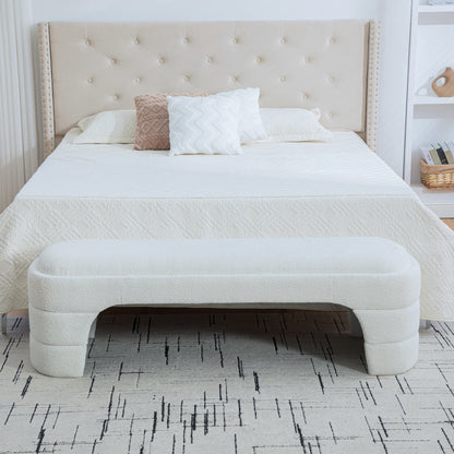White Boucle Entryway Bench for Dining Room and Bedroom Storage
