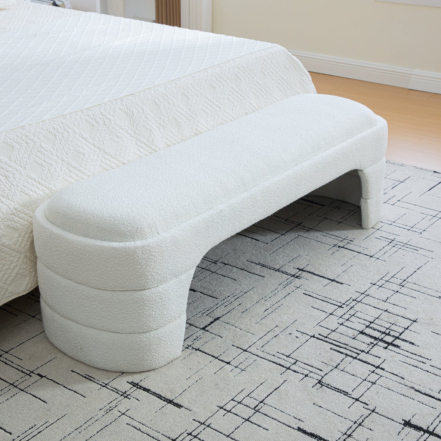 White Boucle Entryway Bench for Dining Room and Bedroom Storage