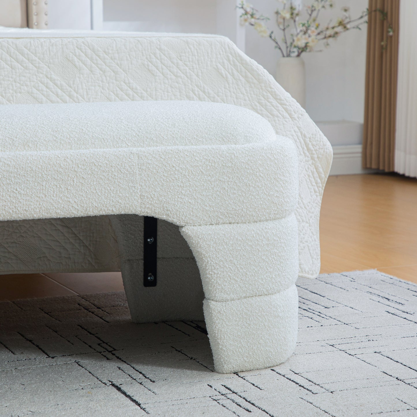White Boucle Entryway Bench for Dining Room and Bedroom Storage