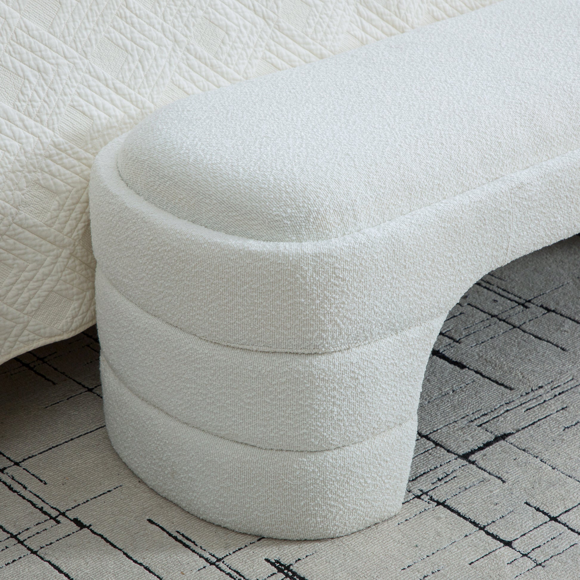 White Boucle Entryway Bench for Dining Room and Bedroom Storage