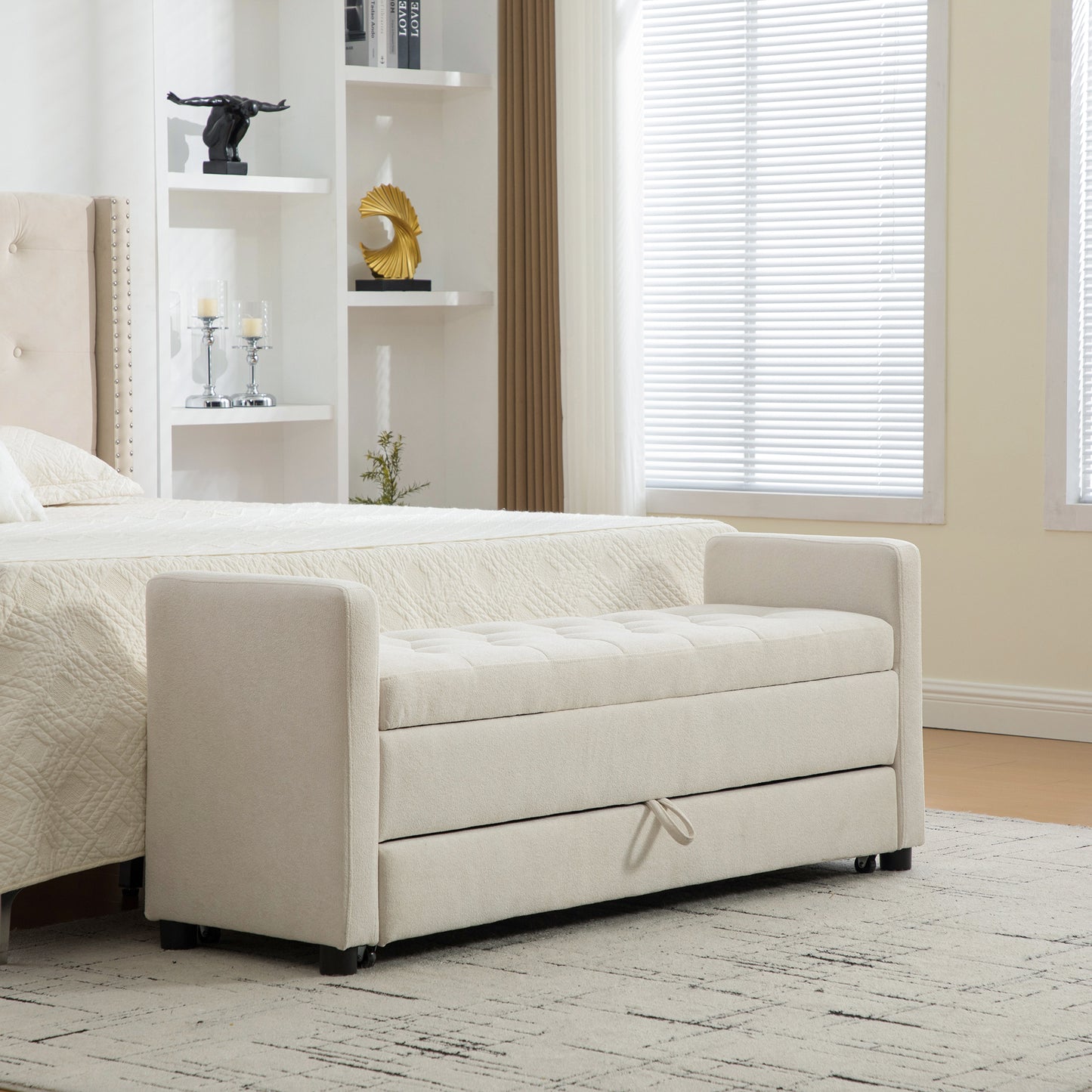 Beige Polyester Storage Bench - Bedroom Foot Storage for Living Room