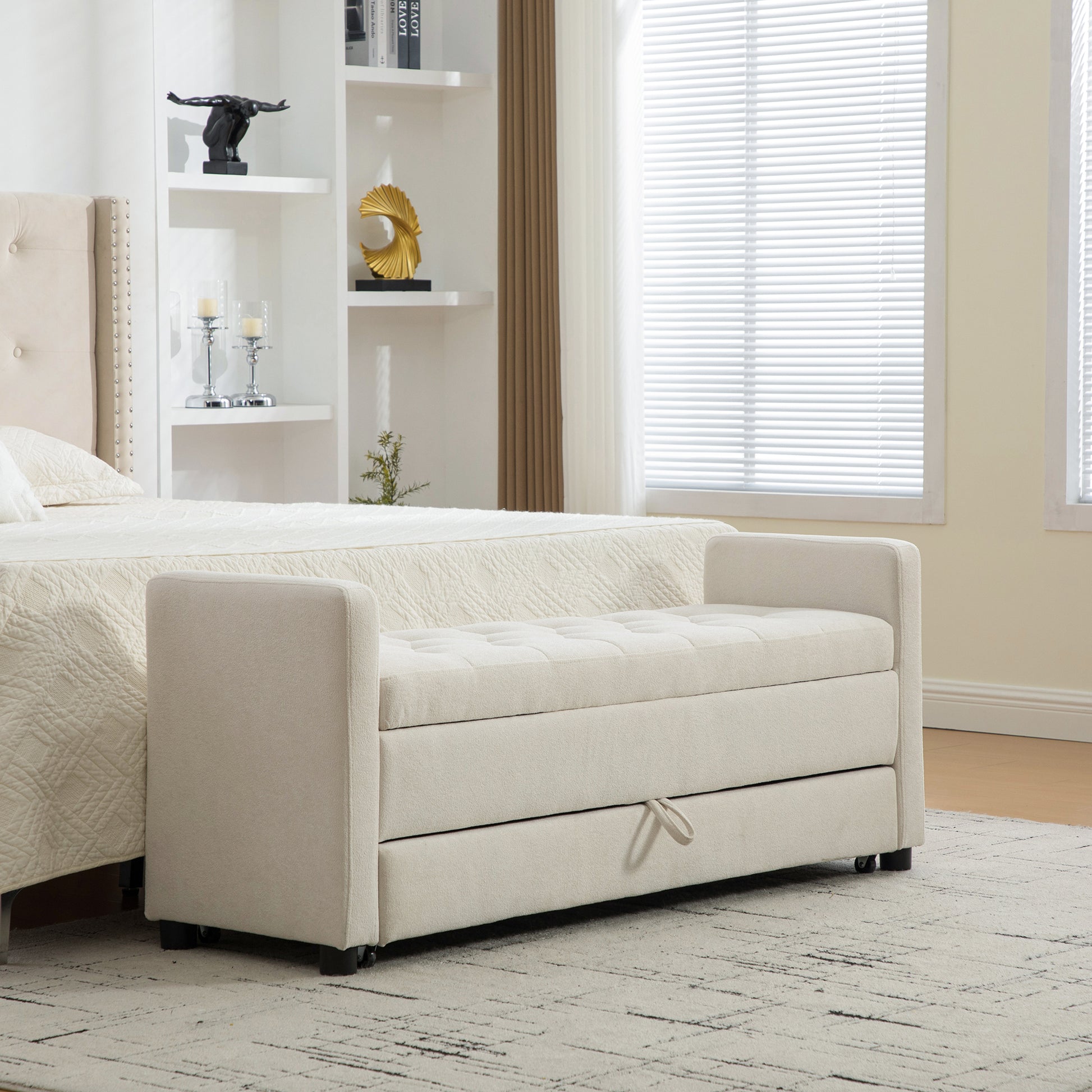 Beige Polyester Storage Bench - Bedroom Foot Storage for Living Room