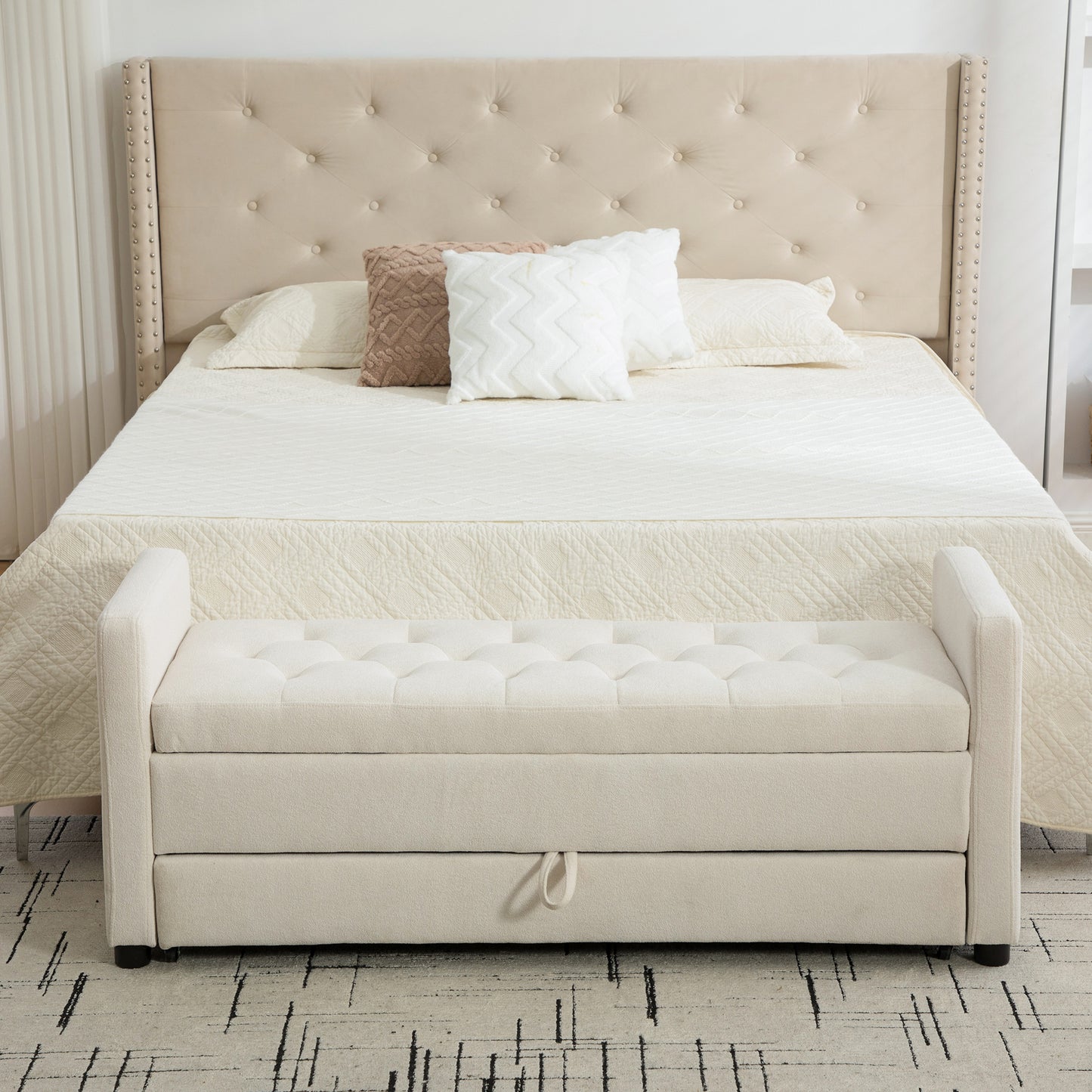 Beige Polyester Storage Bench - Bedroom Foot Storage for Living Room