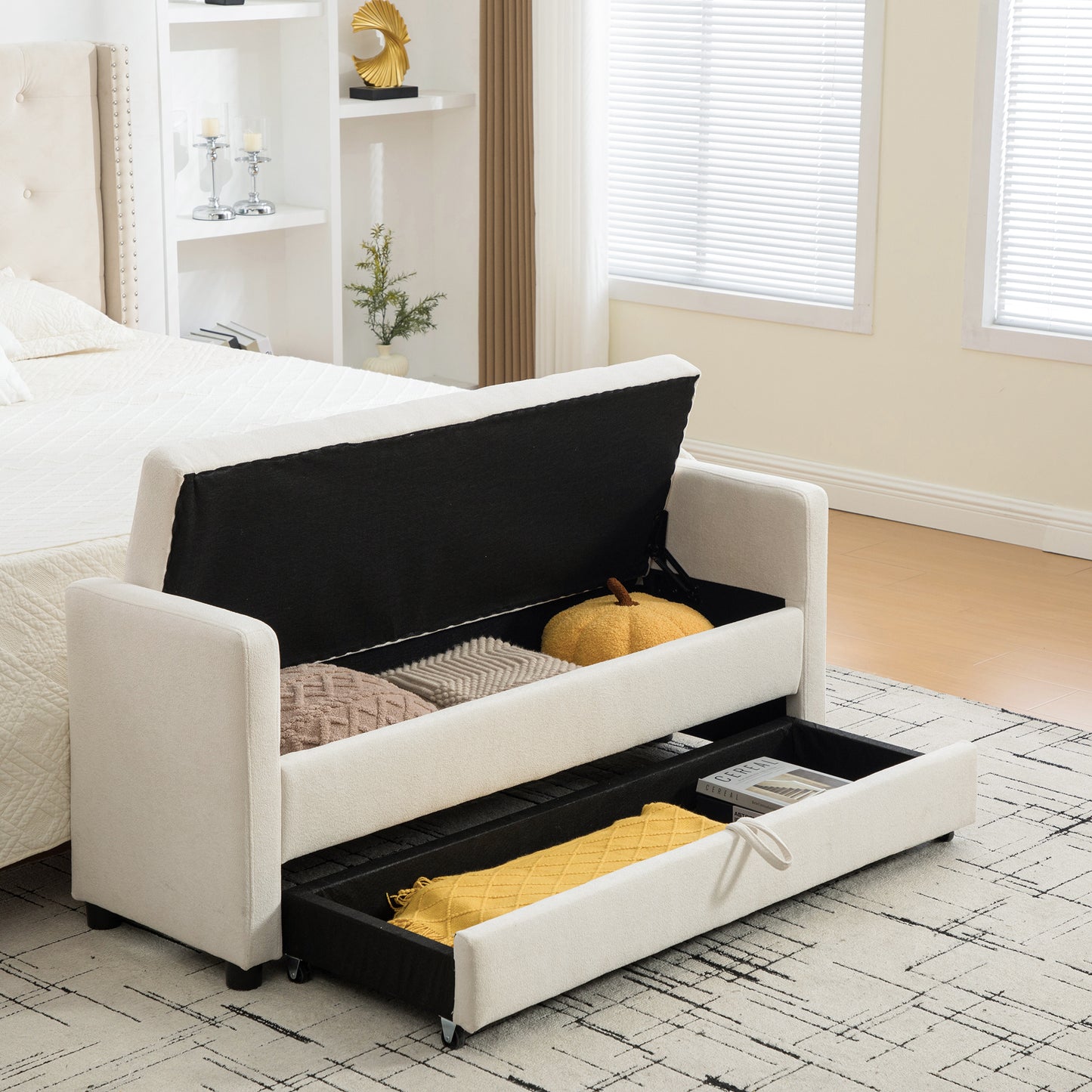 Beige Polyester Storage Bench - Bedroom Foot Storage for Living Room