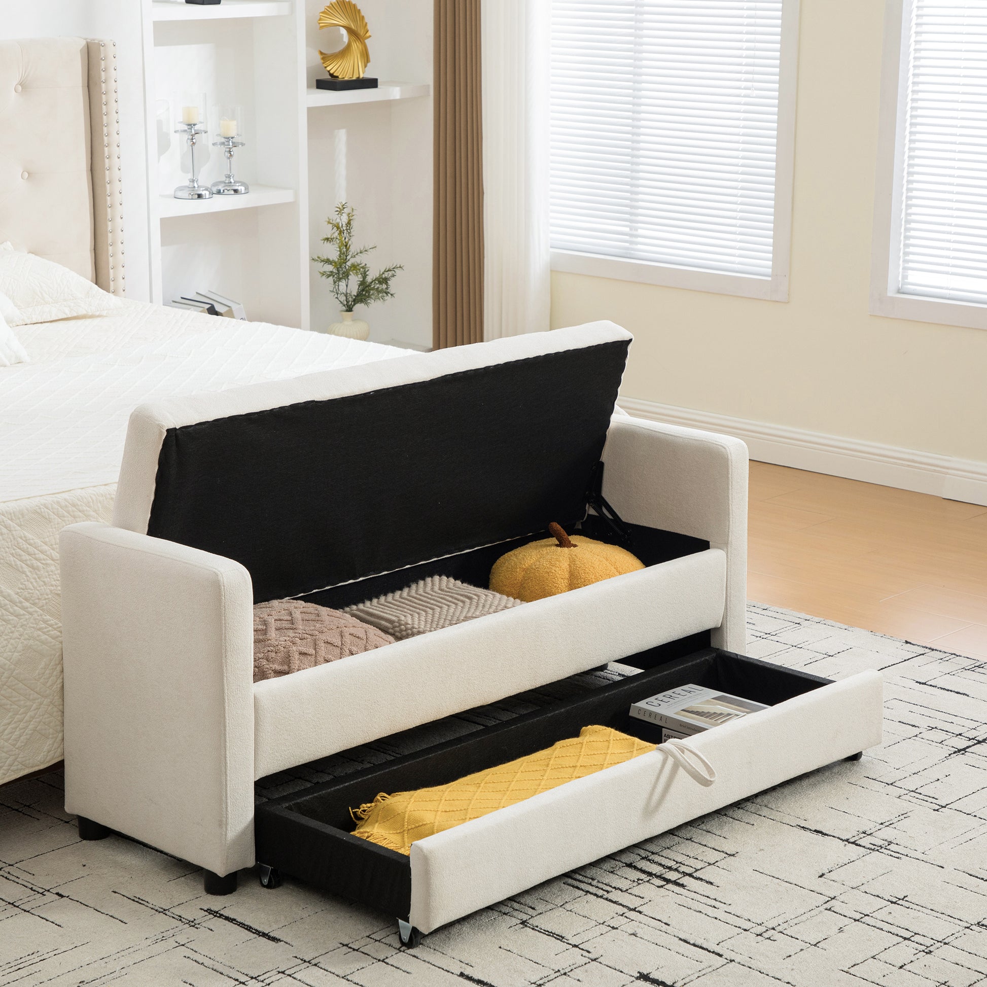 Beige Polyester Storage Bench - Bedroom Foot Storage for Living Room