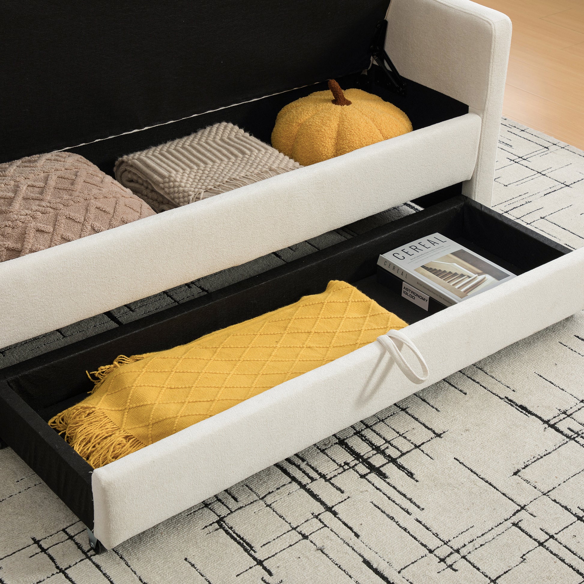 Beige Polyester Storage Bench - Bedroom Foot Storage for Living Room