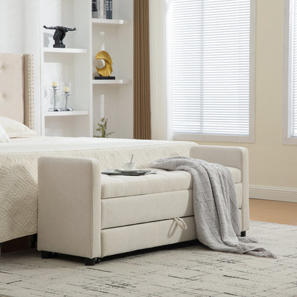 58.27" Wide Modern Upholstered Storage Bench With Double Storage Space, Napped fabric Foot Stool With Rolled Armrest For Living Room,Entryway,Dormitory,Bedroom,Beige