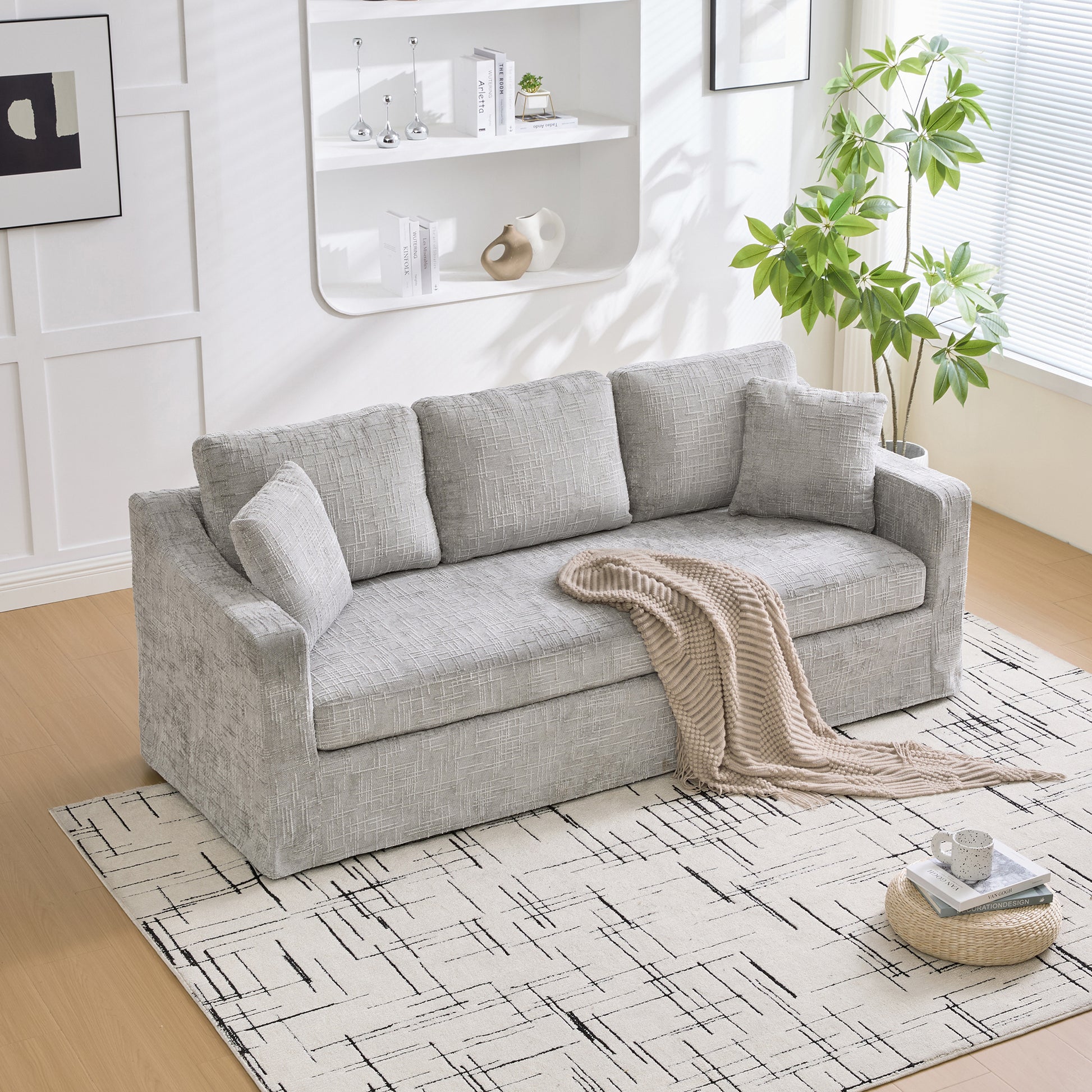 83.86" Wide Modern Casual Sofa, Chenille Fabric, Deep Seat, Three-Seater, With Removable Upholstery Cover, Suitable For Living Room, Bedroom, Apartment. Gray